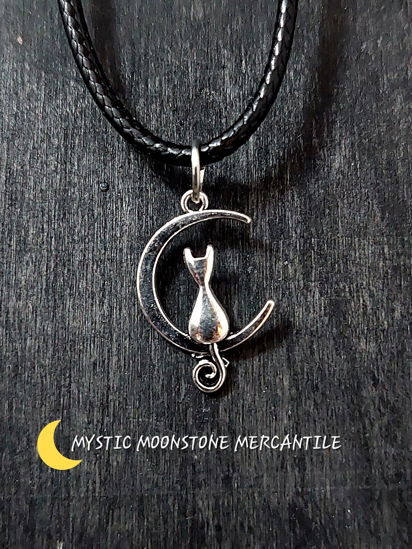 CAT ON MOON ON ADJUSTABLE 18/20" WAXED BLACK CORD NECKLACE