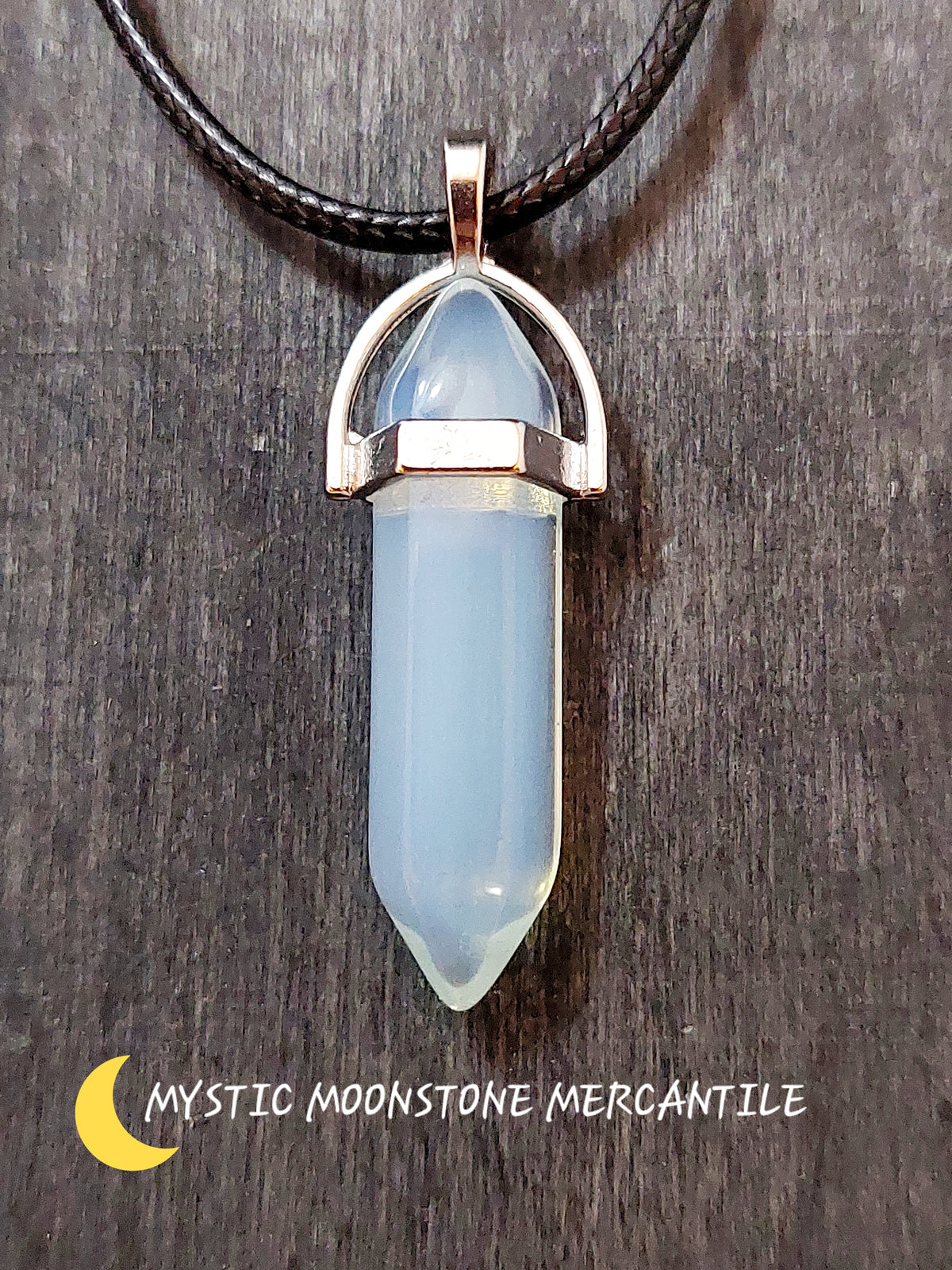 DOUBLE POINT OPALITE PENDANT ON BLACK WAXED CORD