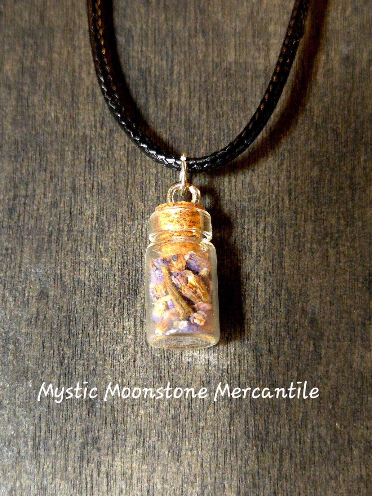 LAVENDER MINI SPELL BOTTLE .75" NECKLACE W/ BLACK CORD 18-20"