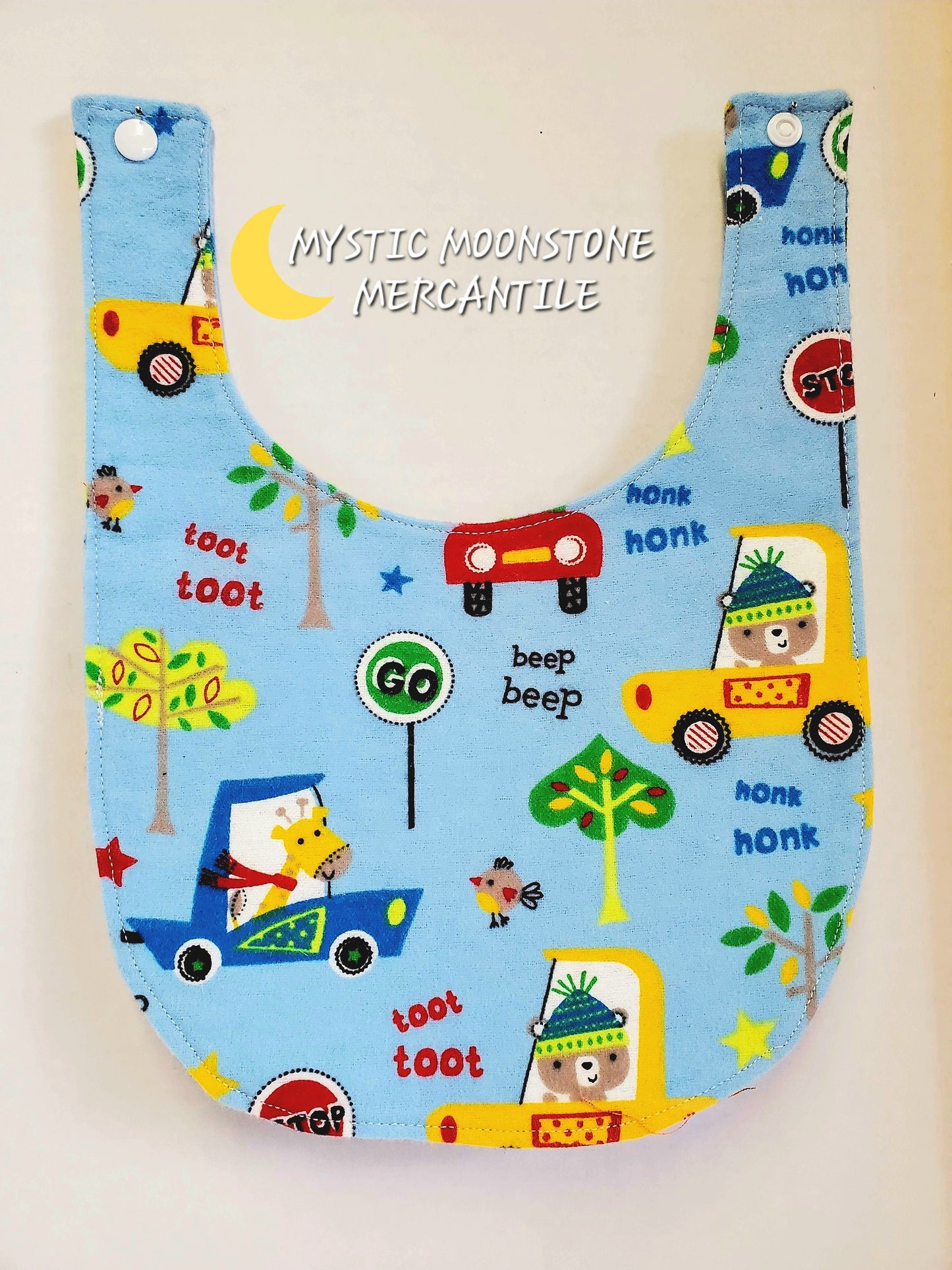 "ANIMALS AND CARS"  100% COTTON FLANNEL DOUBLE SIDED BABY BIB WITH SAFTY SNAP.