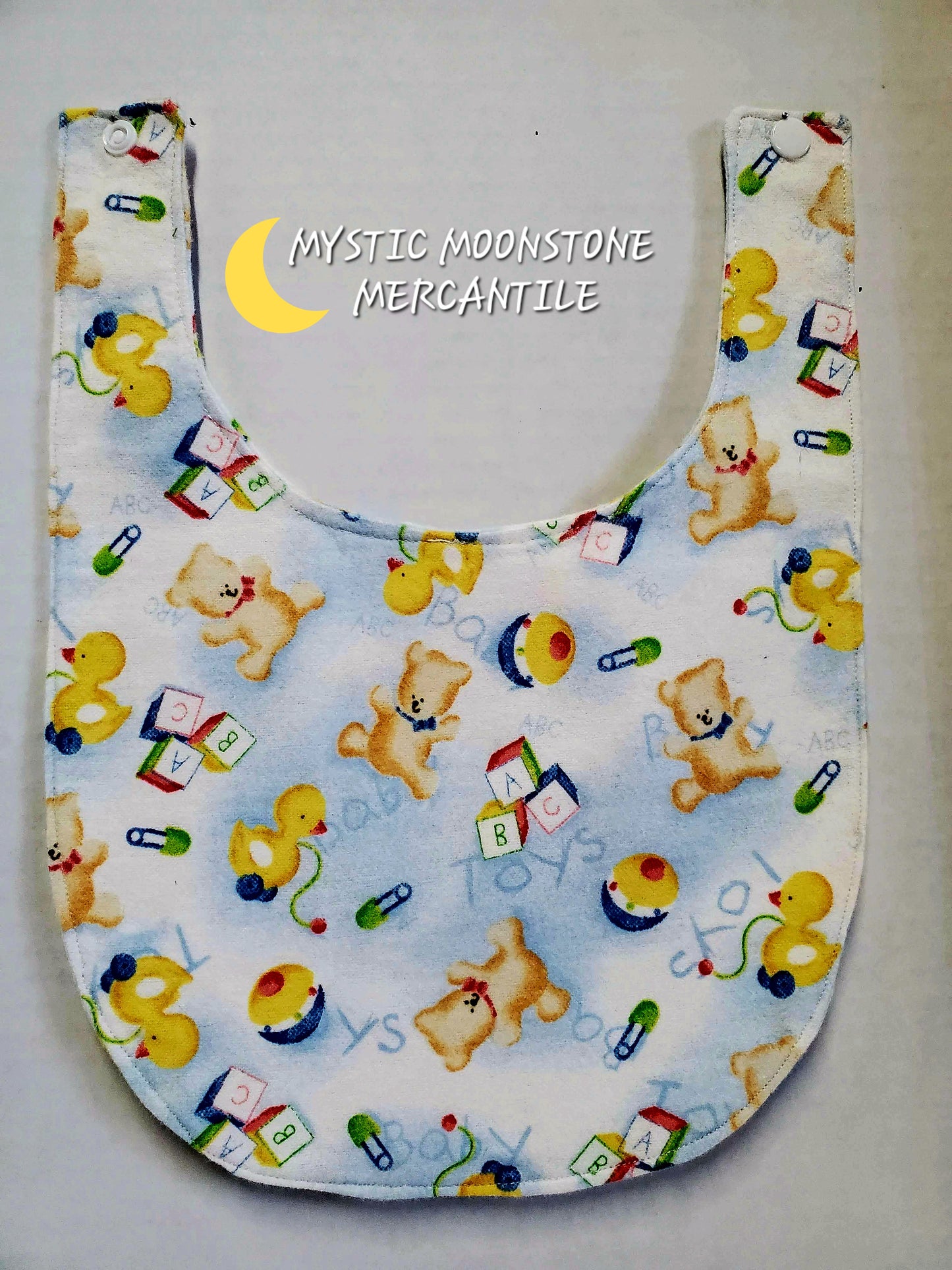 "BABY TOYS" 100% COTTON FLANNEL DOUBLE SIDED BABY BIB WITH SAFTY SNAP.