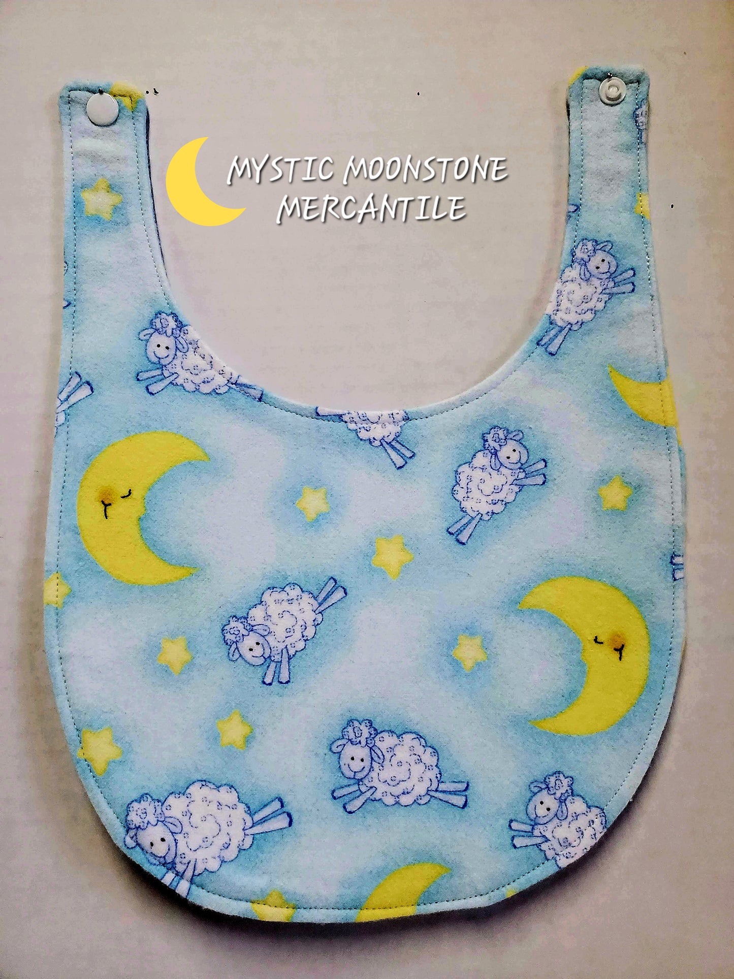 "COUNTING SHEEP" 100% COTTON FLANNEL DOUBLE SIDED BABY BIB WITH SAFTY SNAP.