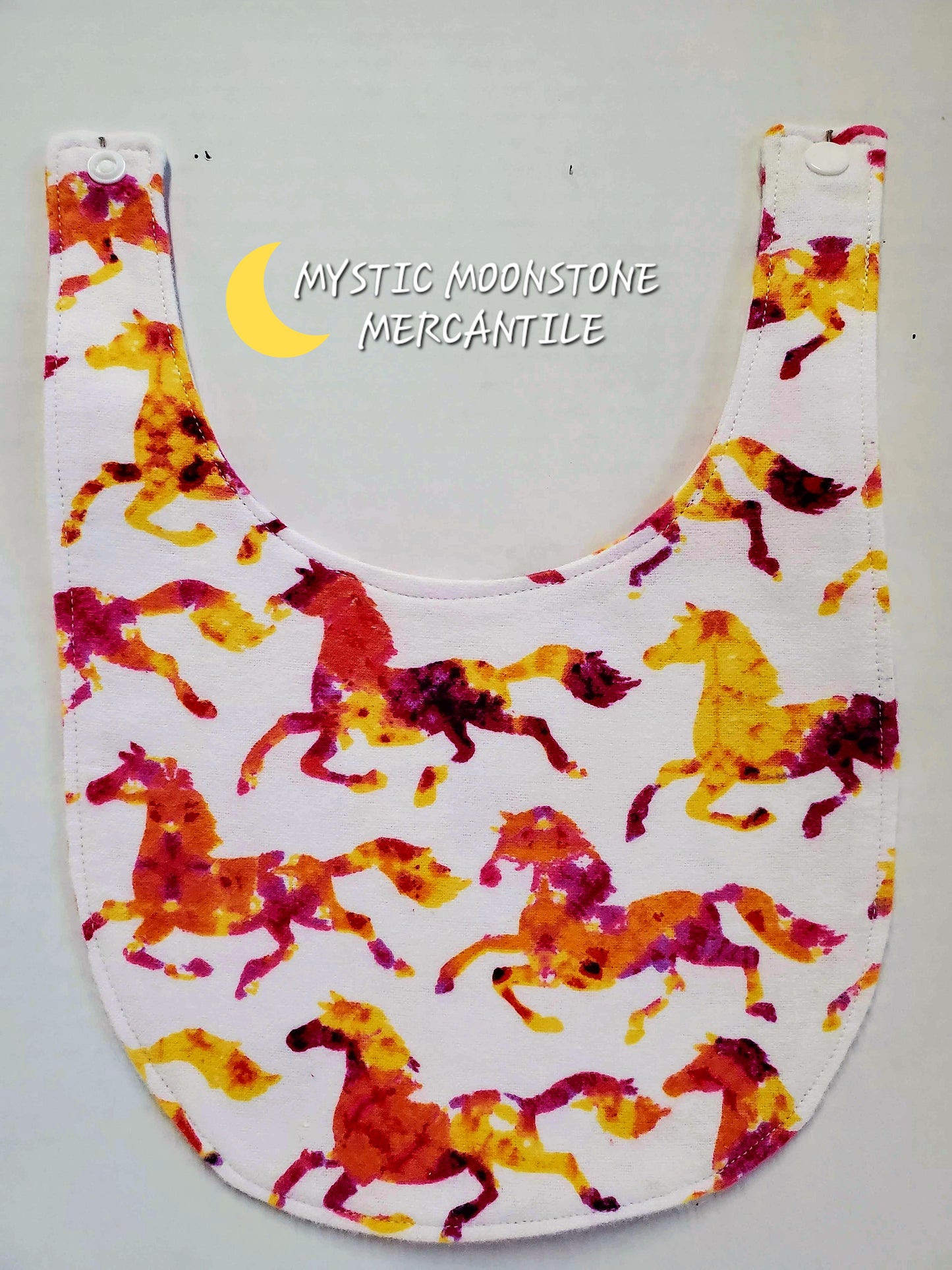 "RUNNING HORSES" 100% COTTON FLANNEL DOUBLE SIDED BABY BIB WITH SAFTY SNAP.