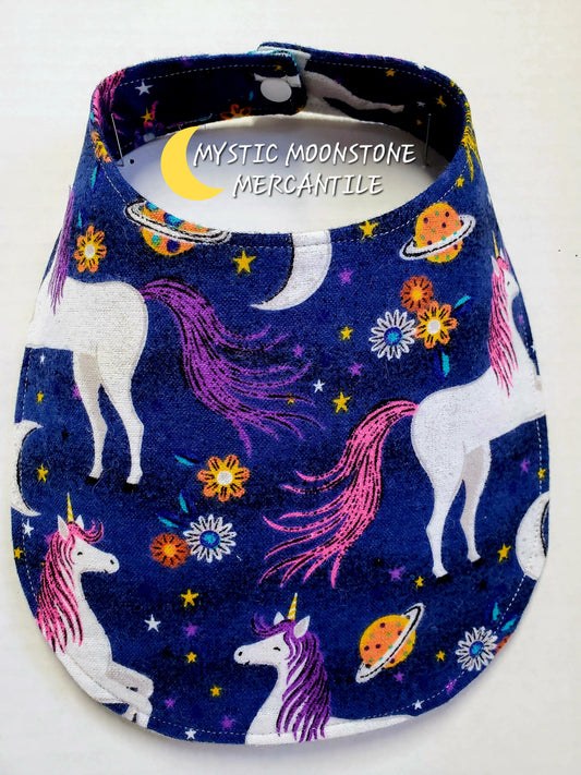 "GALAXY UNICORNS" 100% COTTON FLANNEL DOUBLE SIDED BABY BIB WITH SAFTY SNAP.