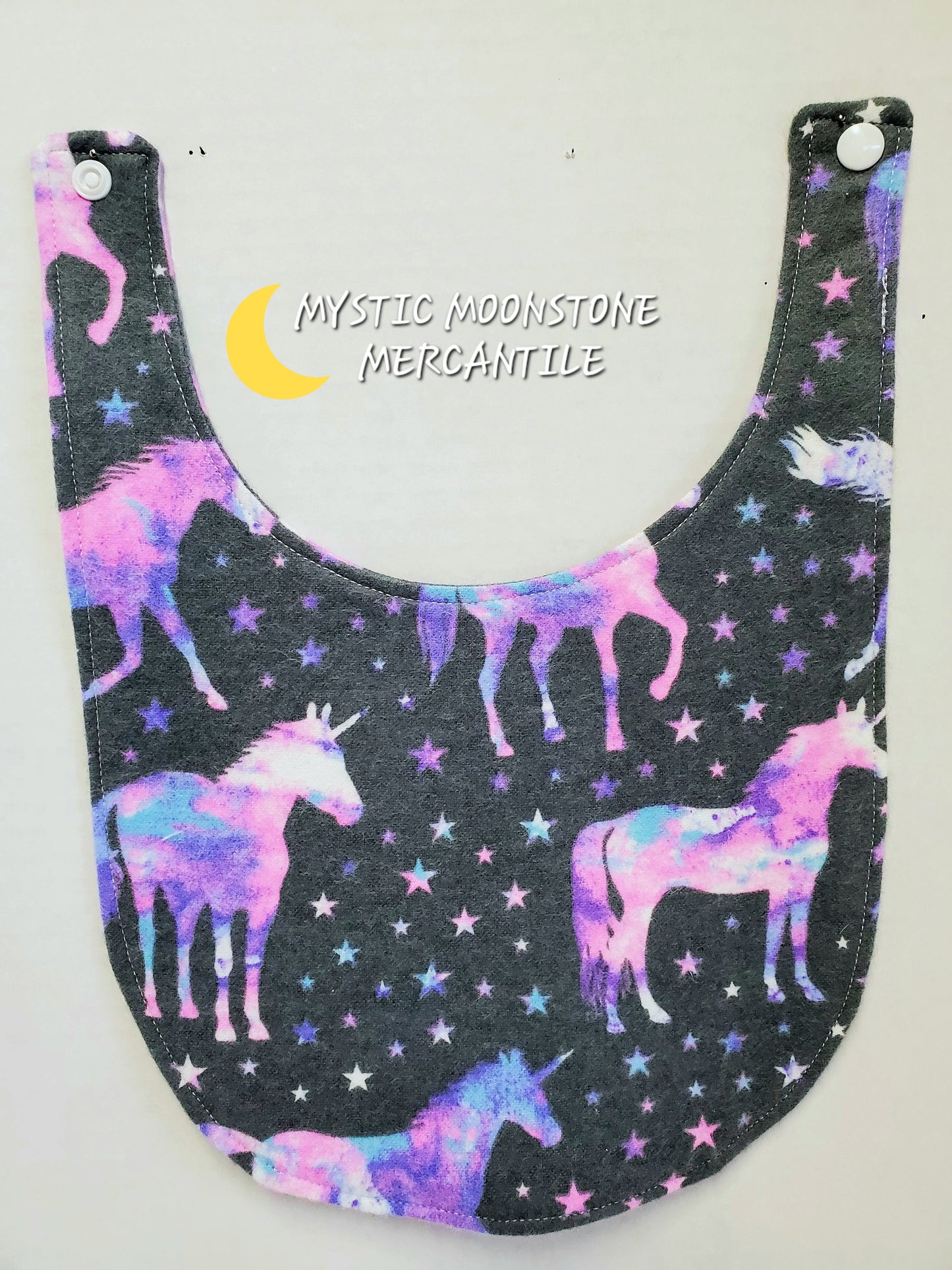 "UNICORNS" 100% COTTON FLANNEL DOUBLE SIDED BABY BIB WITH SAFTY SNAP.