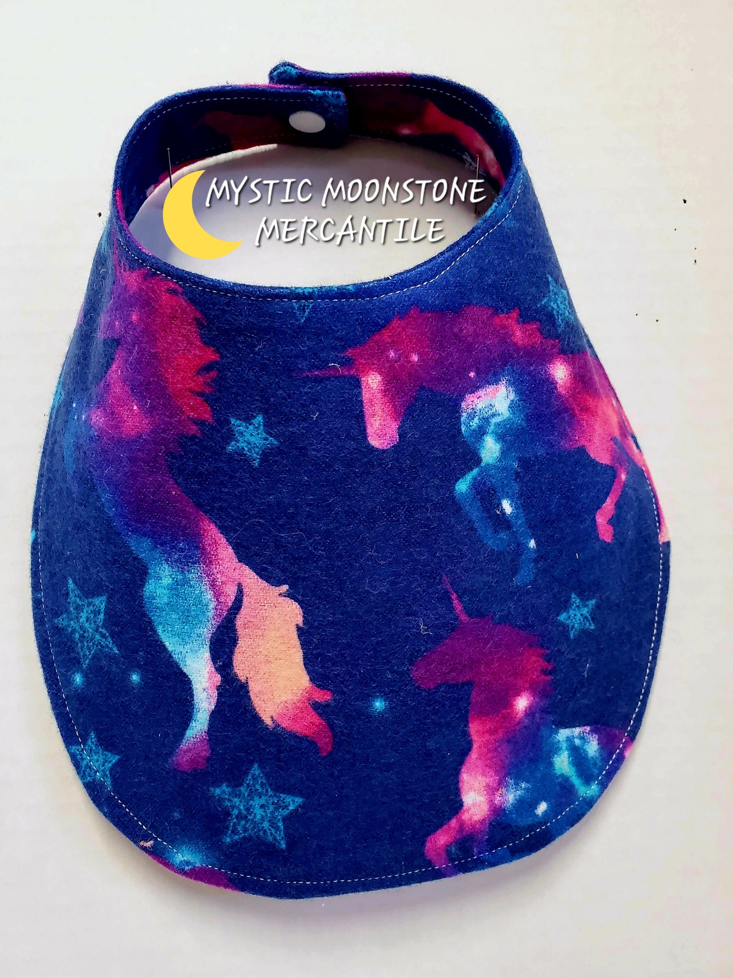 "UNICORNS" 100% COTTON FLANNEL DOUBLE SIDED BABY BIB WITH SAFTY SNAP.