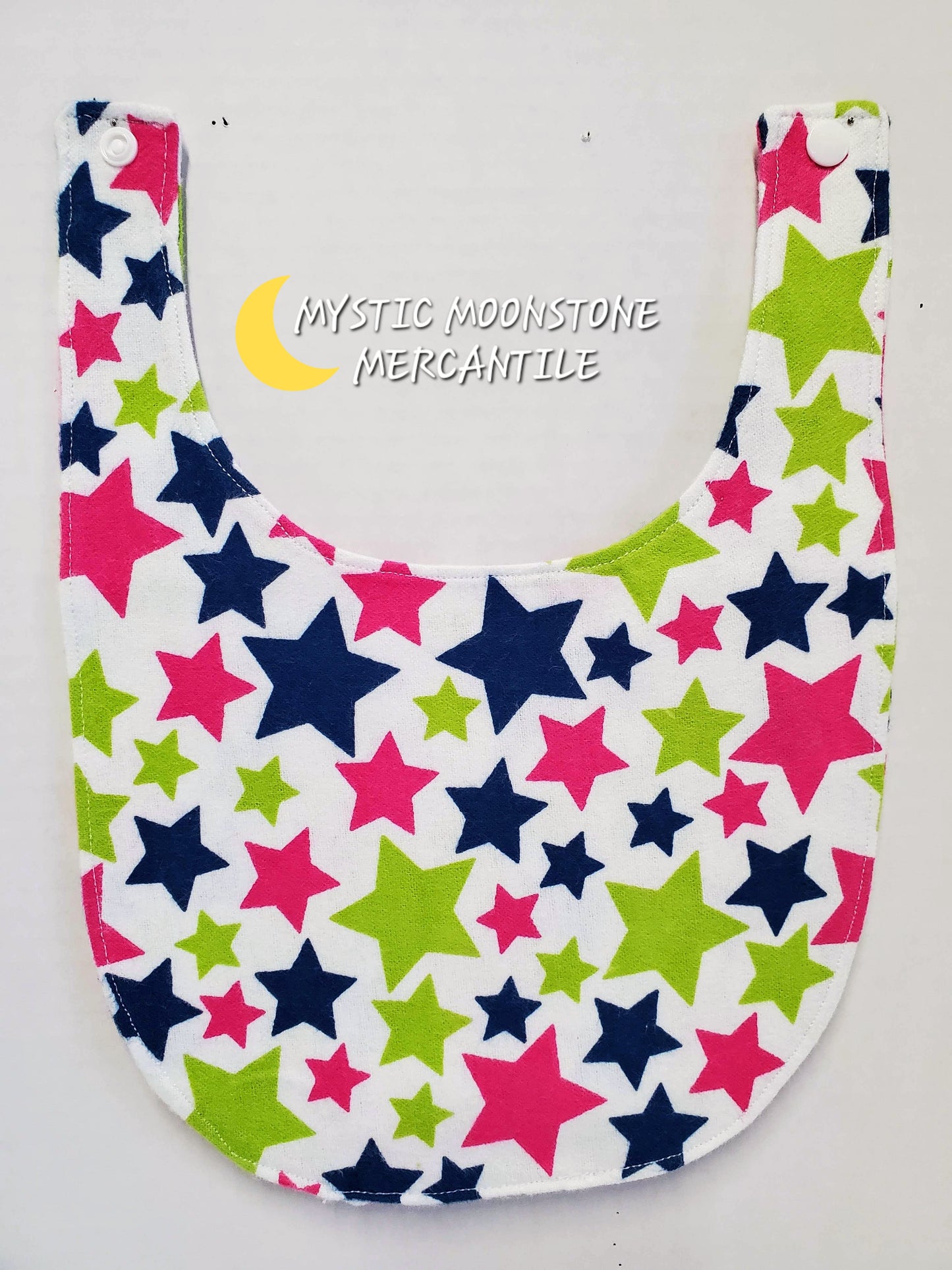 "STARS"  100% COTTON FLANNEL DOUBLE SIDED BABY BIB WITH SAFTY SNAP.