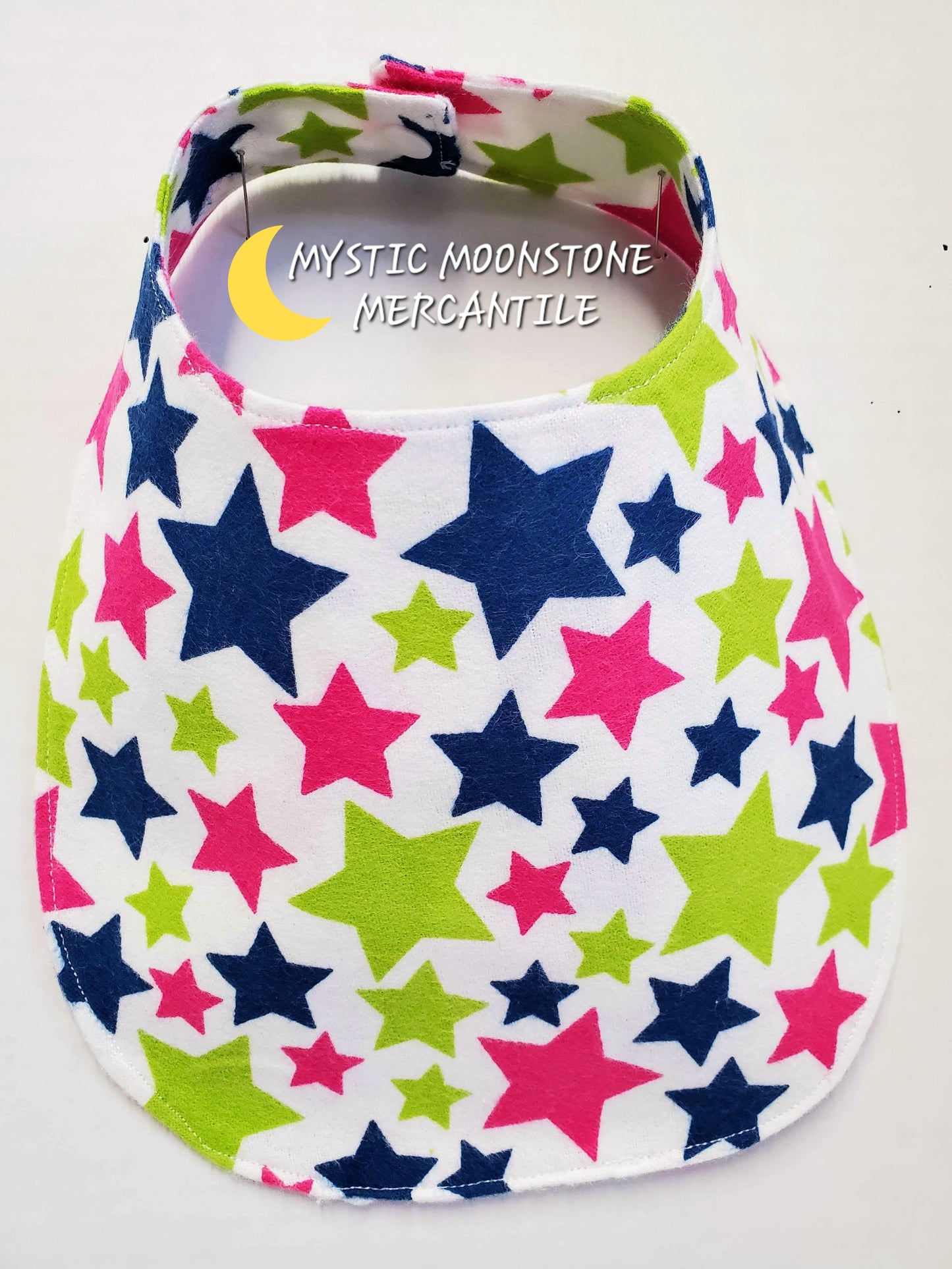 "STARS"  100% COTTON FLANNEL DOUBLE SIDED BABY BIB WITH SAFTY SNAP.