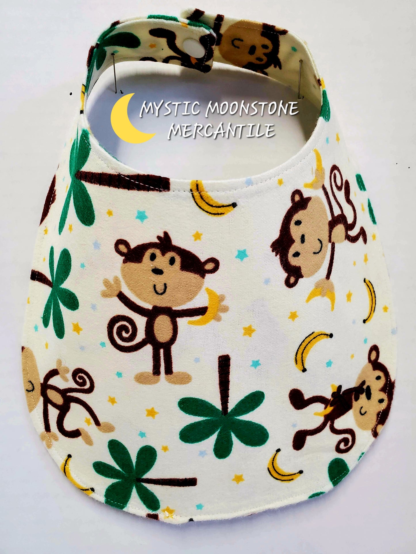 "MONKEYS WITH BANANAS" 100% COTTON FLANNEL DOUBLE SIDED BABY BIB WITH SAFTY SNAP.