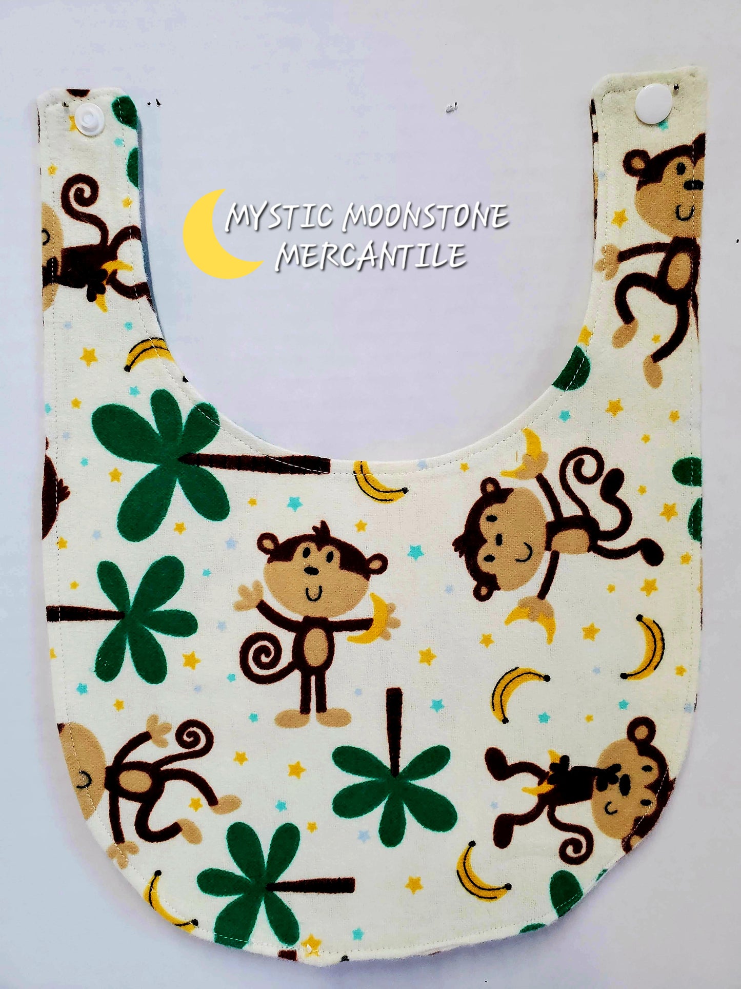 "MONKEYS WITH BANANAS" 100% COTTON FLANNEL DOUBLE SIDED BABY BIB WITH SAFTY SNAP.