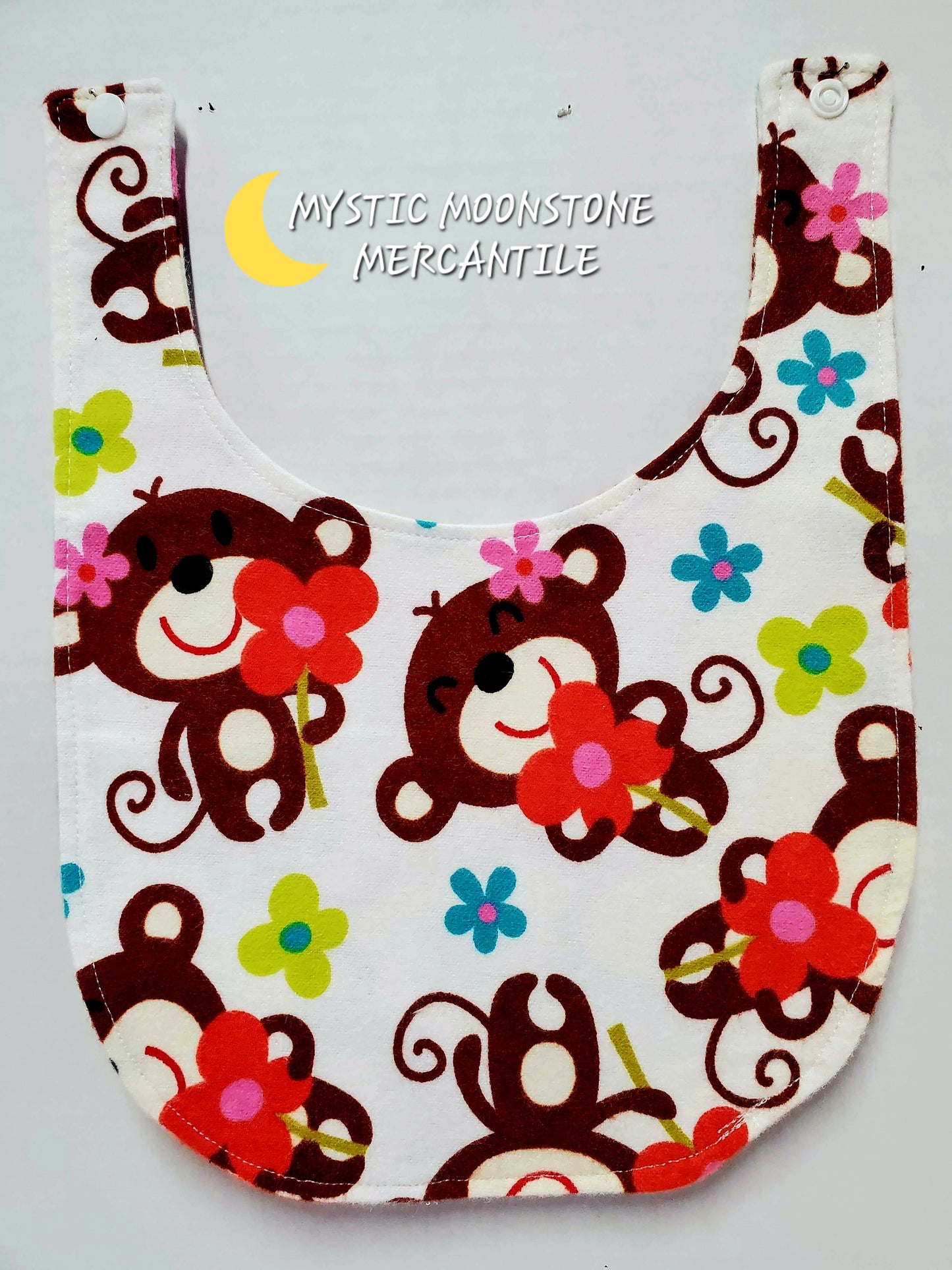 "MONKEYS WITH FLOWERS" 100% COTTON FLANNEL DOUBLE SIDED BABY BIB WITH SAFTY SNAP.