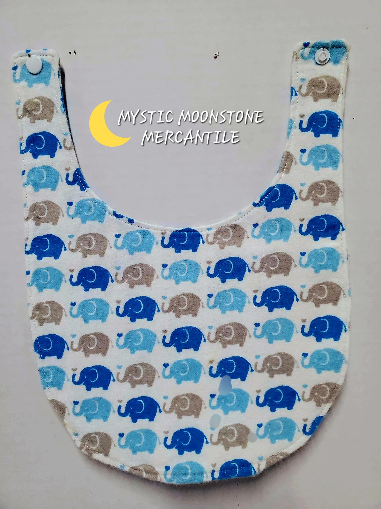 "BLUE ELEPHANTS" 100% COTTON FLANNEL DOUBLE SIDED BABY BIB WITH SAFTY SNAP.