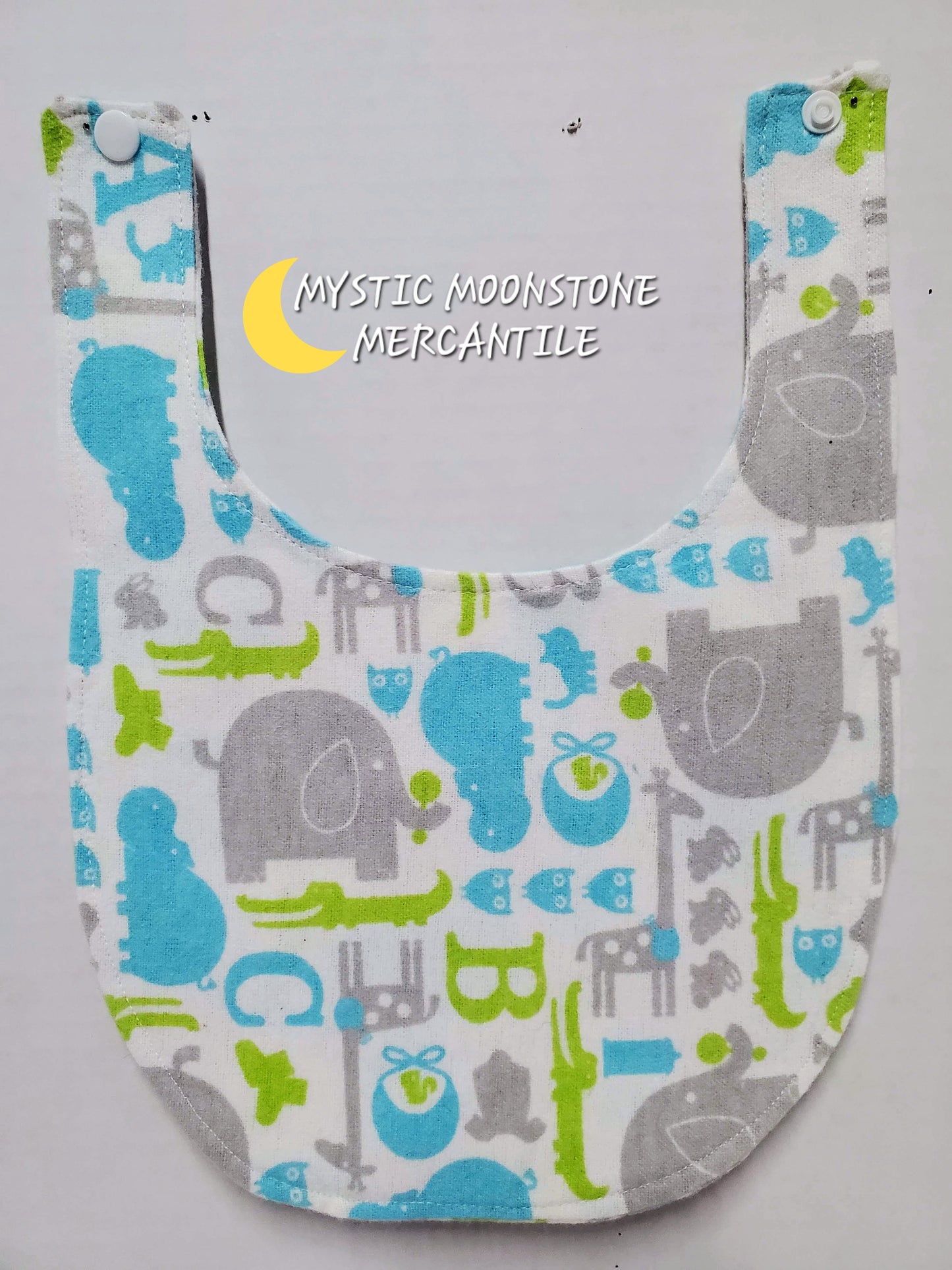 "ABC ANIMALS" 100% COTTON FLANNEL DOUBLE SIDED BABY BIB WITH SAFTY SNAP.