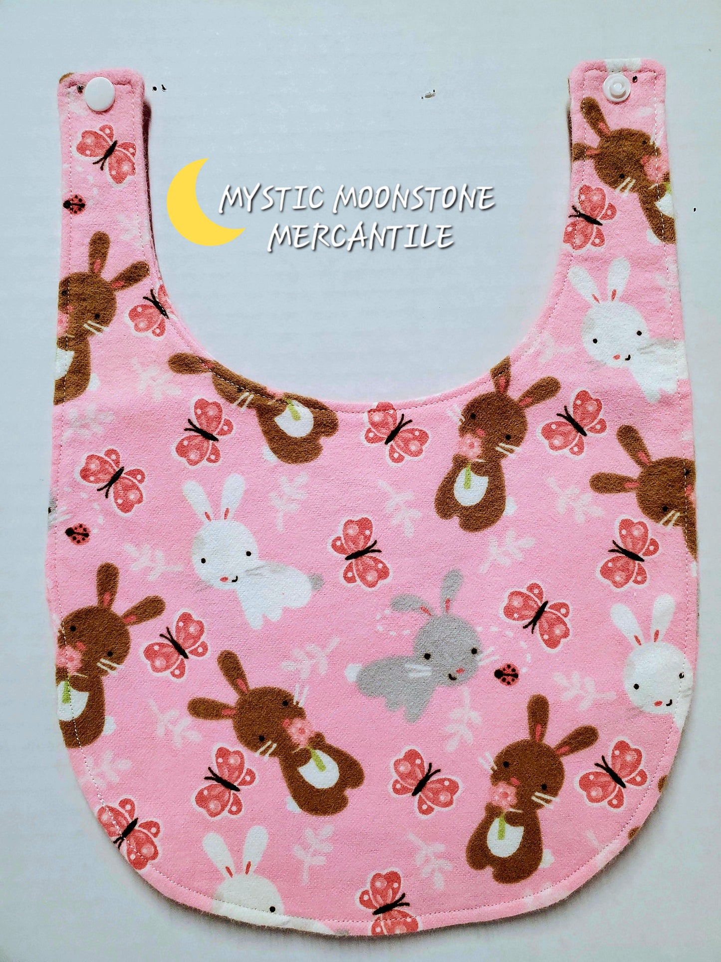 "PINK BUNNIES" 100% COTTON FLANNEL DOUBLE SIDED BABY BIB WITH SAFTY SNAP.