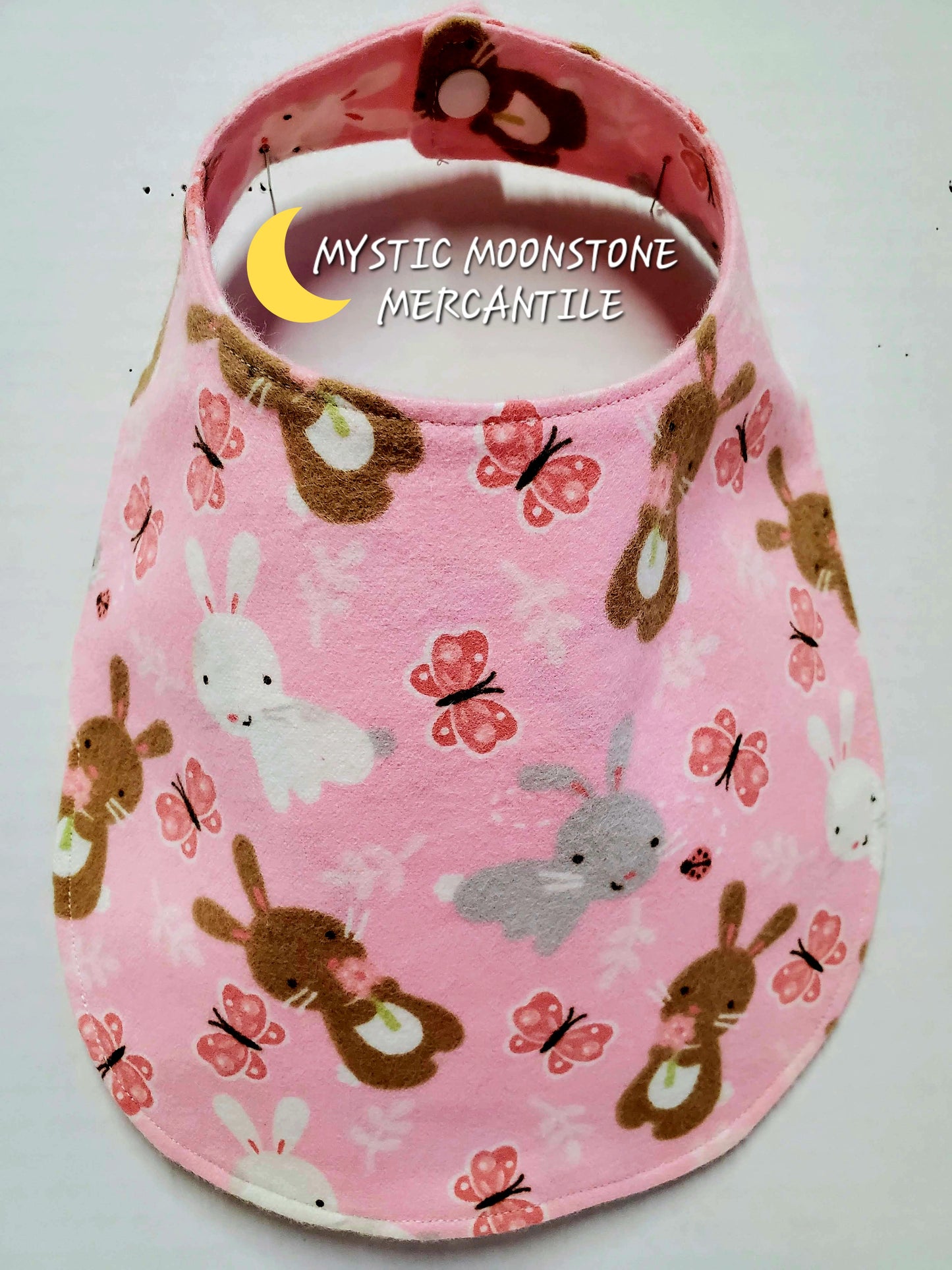 "PINK BUNNIES" 100% COTTON FLANNEL DOUBLE SIDED BABY BIB WITH SAFTY SNAP.