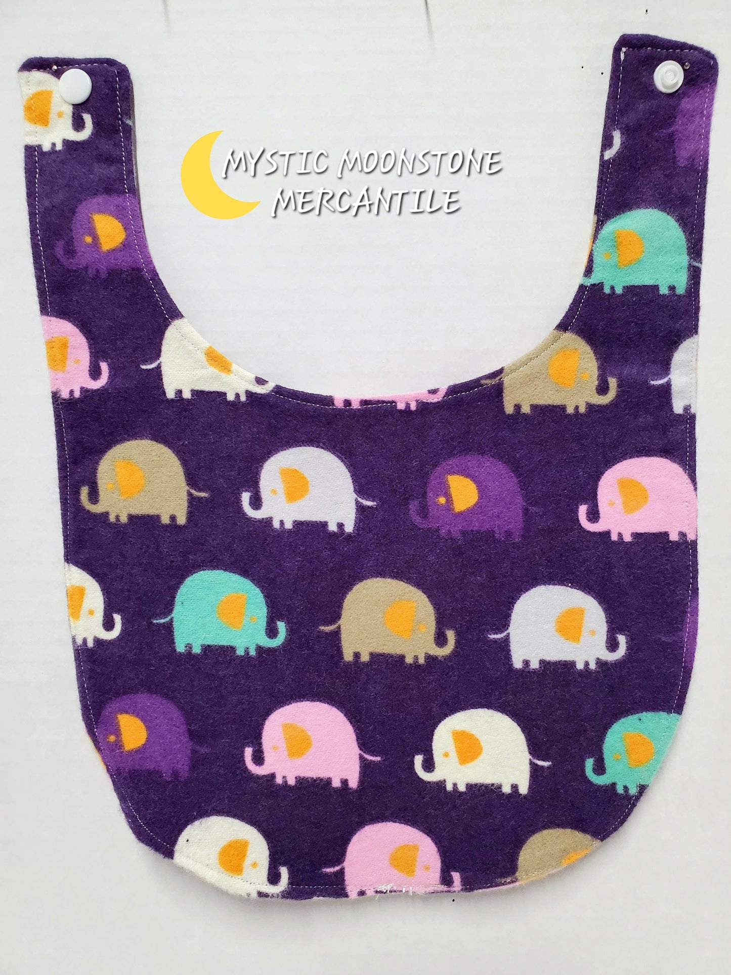 "PURPLE ELEPHANTS " 100% COTTON FLANNEL DOUBLE SIDED BABY BIB WITH SAFTY SNAP.