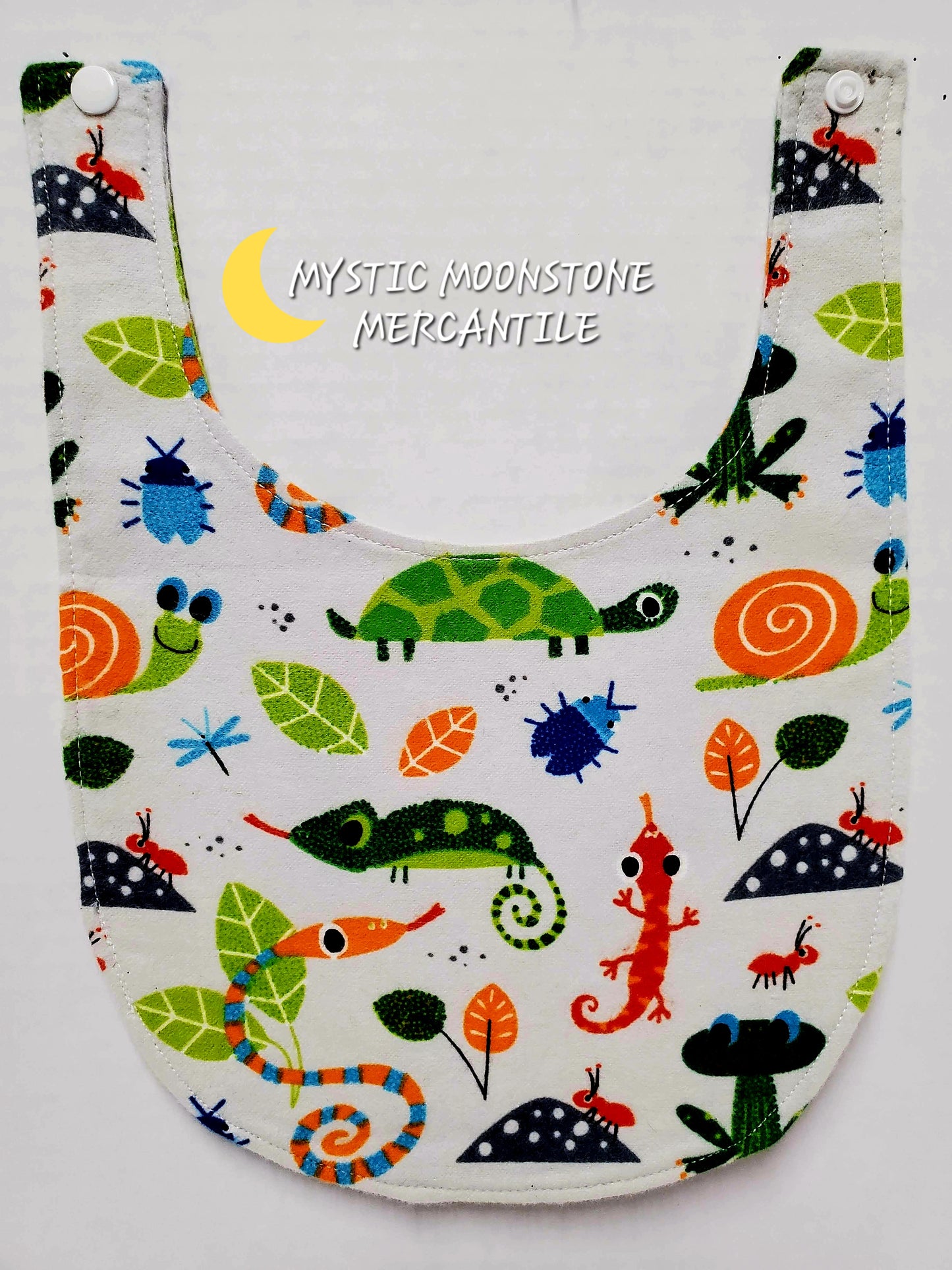 "BUGS" 100% COTTON FLANNEL DOUBLE SIDED BABY BIB WITH SAFTY SNAP.