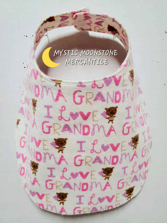 "I LOVE GRANDMA" 100% COTTON FLANNEL DOUBLE SIDED BABY BIB WITH SAFTY SNAP.