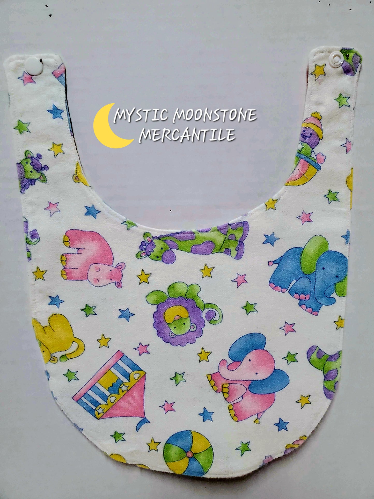 "CIRCUS" 100% COTTON FLANNEL DOUBLE SIDED BABY BIB WITH SAFTY SNAP.