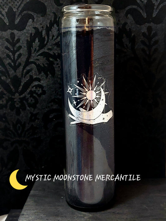 BLACK GLASS PILLAR CANDLES WITH CELESTIAL HOLOGRAM DECAL