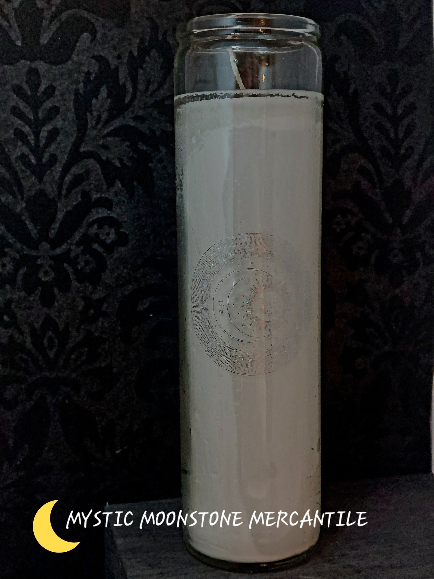 WHITE GLASS PILLAR CANDLES WITH CELESTIAL HOLOGRAM DECAL