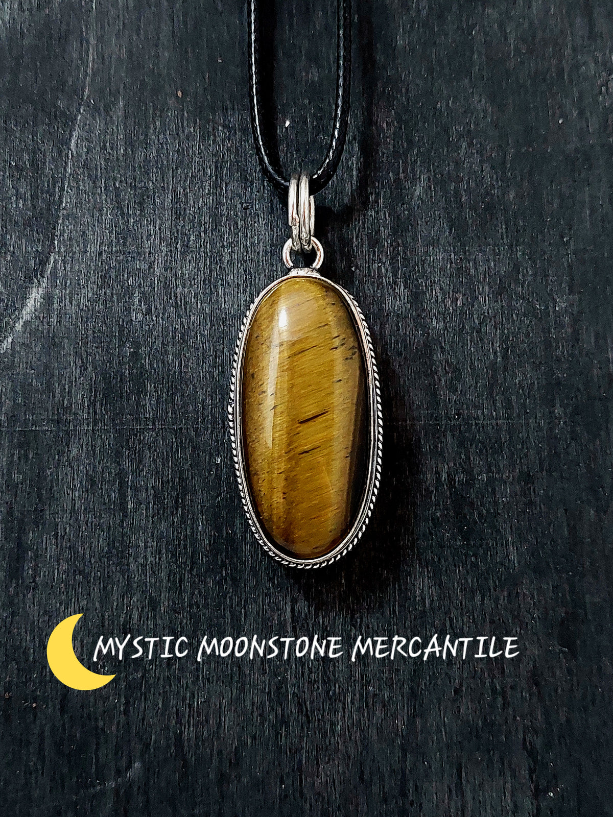 TIGERS EYE IN 925 STERLING SILVER WITH 18-20" ADJUSTABLE WAXED BLACK CORD NECKLACE