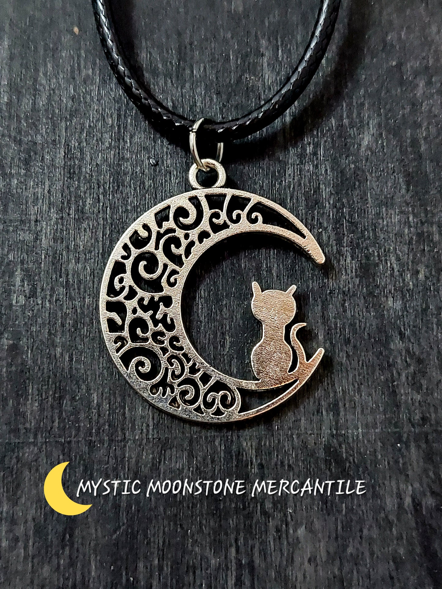 CAT IN MOON FILIGREE ON ADJUSTABLE 18/20" WAXED BLACK CORD NECKLACE