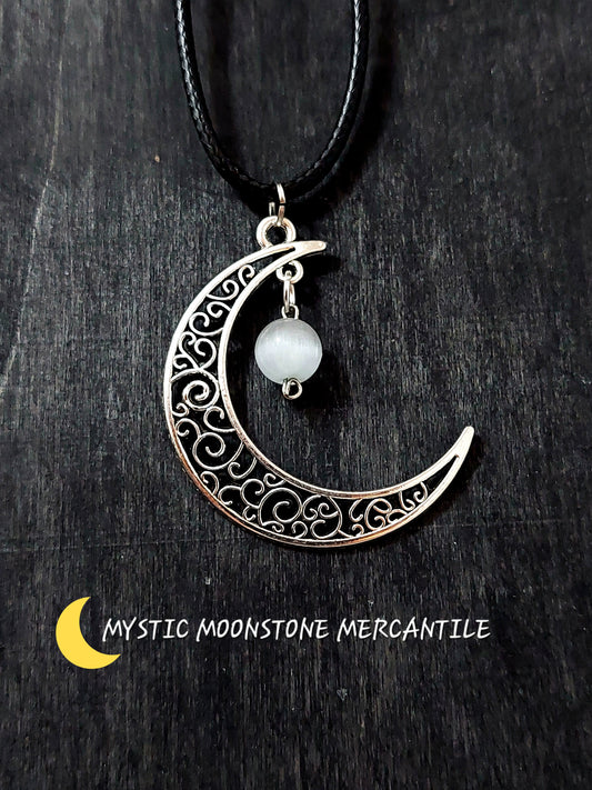 FILIGREE MOON WITH MOONSTONE ON ADJUSTABLE 18/20" WAXED BLACK CORD NECKLACE