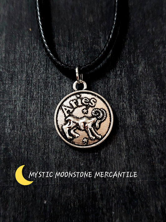 ARIES HOROSCOPE ON ADJUSTABLE 18/20" WAXED BLACK CORD NECKLACE