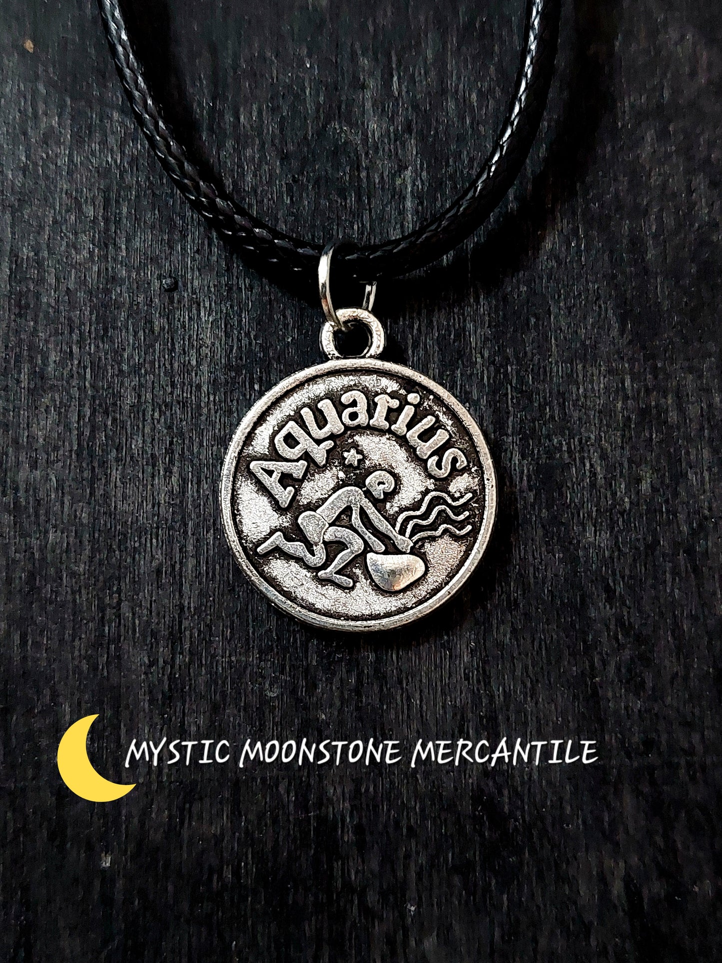 AQUARIUS HOROSCOPE ON ADJUSTABLE 18/20" WAXED BLACK CORD NECKLACE