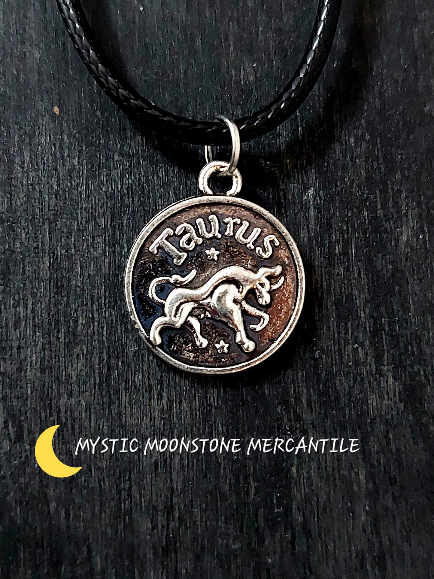 TAURUS HOROSCOPE ON ADJUSTABLE 18/20" WAXED BLACK CORD NECKLACE