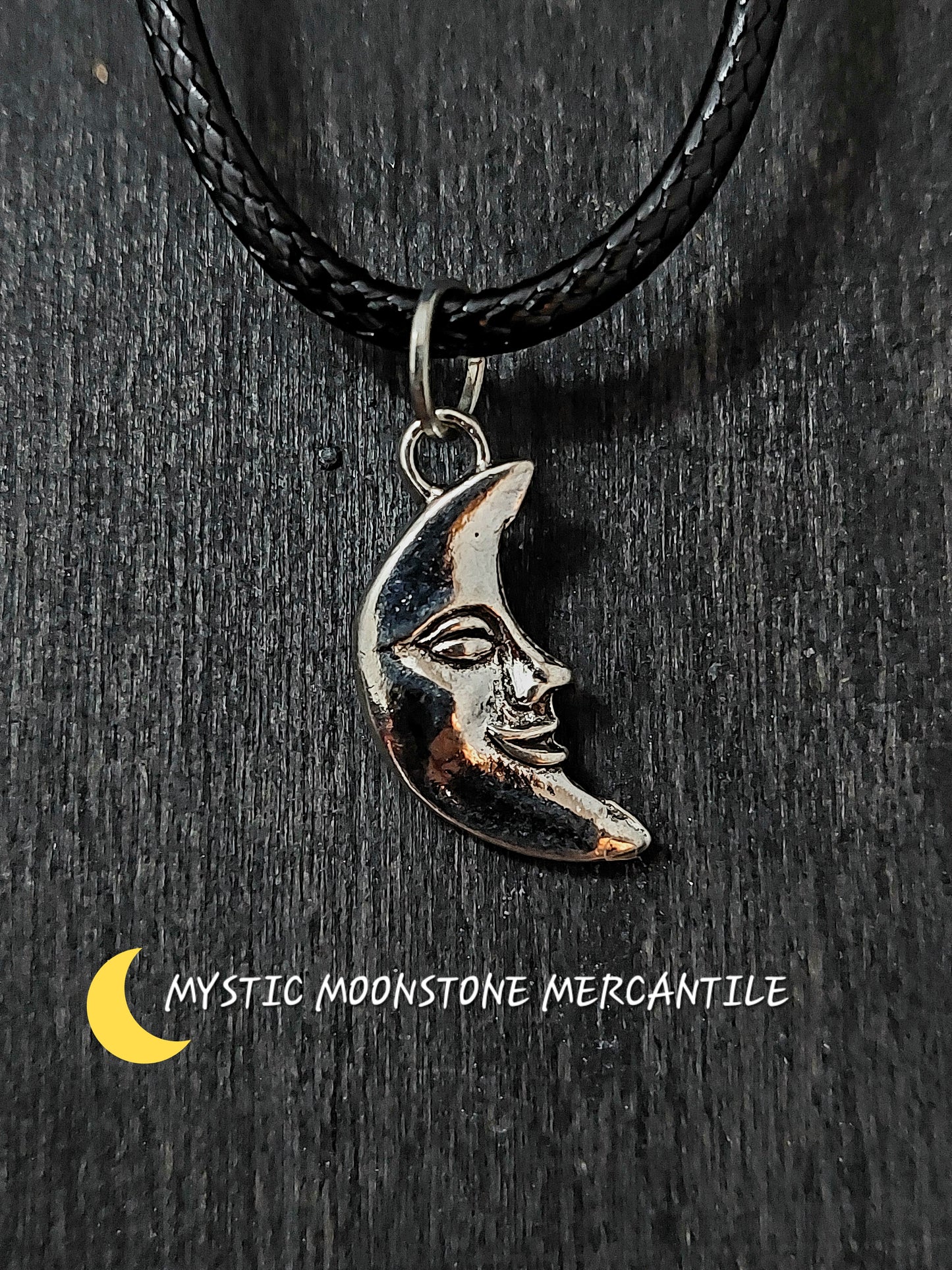 MAN IN MOON  FACE  ON ADJUSTABLE 18/20" WAXED BLACK CORD NECKLACE