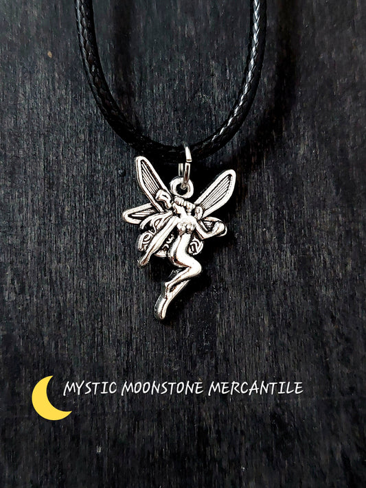 FAIRY ON ADJUSTABLE 18/20" WAXED BLACK CORD NECKLACE