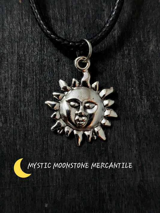 CELESTIAL SUN FACE  ON ADJUSTABLE 18/20" WAXED BLACK CORD NECKLACE