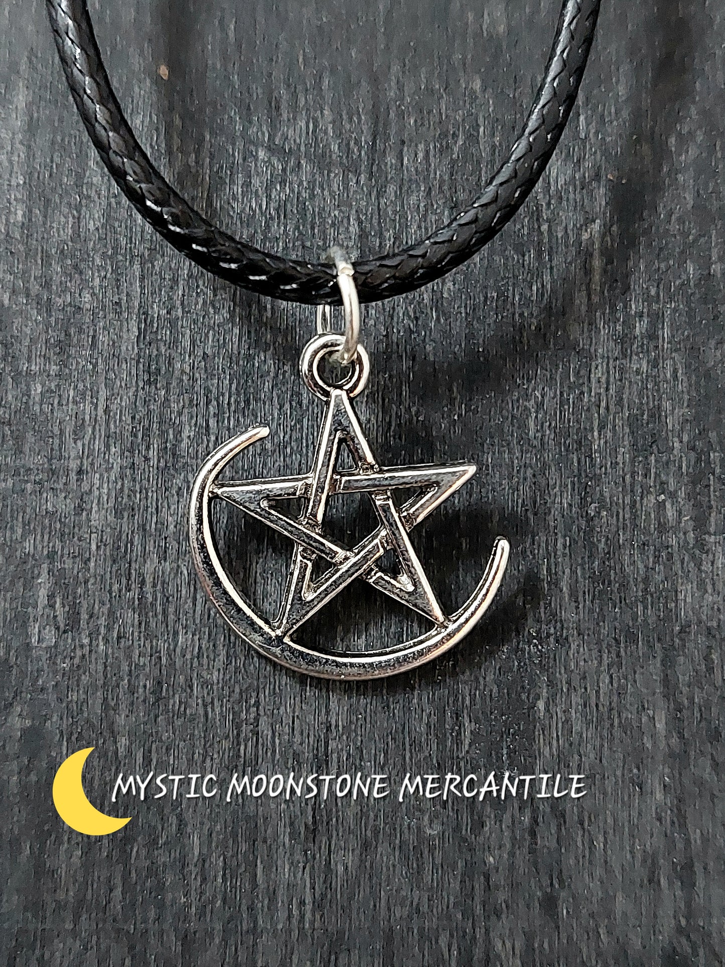 PENTAGRAM AND HALF MOON ON ADJUSTABLE 18/20" WAXED BLACK CORD NECKLACE