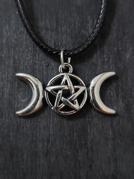 MOTHER MAIDEN CRONE ON ADJUSTABLE 18/20" WAXED BLACK CORD NECKLACE