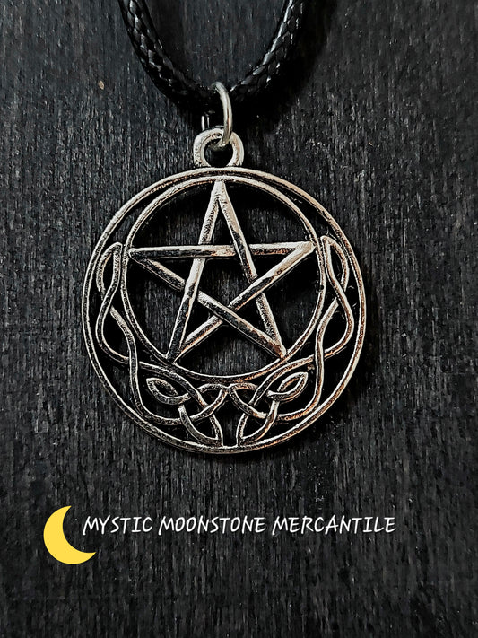 PENTACLE WITH CELTIC KNOT ON ADJUSTABLE 18/20" WAXED BLACK CORD NECKLACE