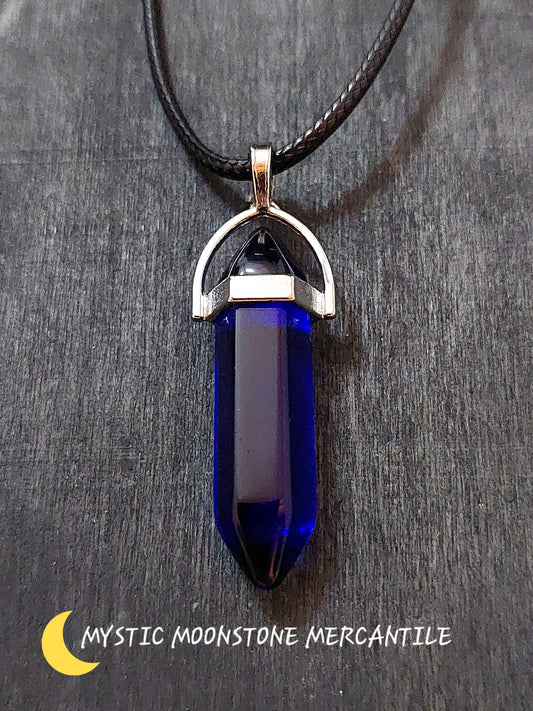 DOUBLE POINT BLUE SEA GLASS  PENDANT ON BLACK WAXED CORD