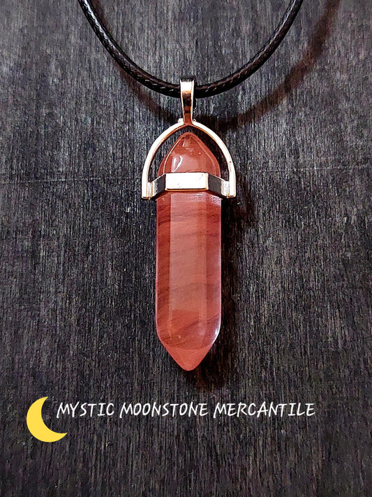 DOUBLE POINT CHERRY QUARTZ PENDANT ON BLACK WAXED CORD