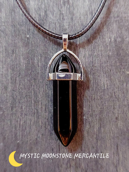 DOUBLE POINT BLACK ONYX  PENDANT ON BLACK WAXED CORD