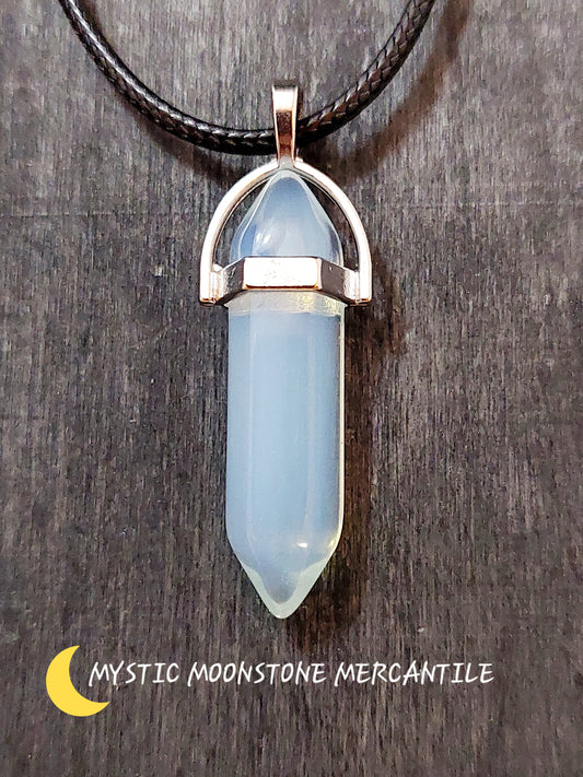 DOUBLE POINT OPALITE  PENDANT ON BLACK WAXED CORD