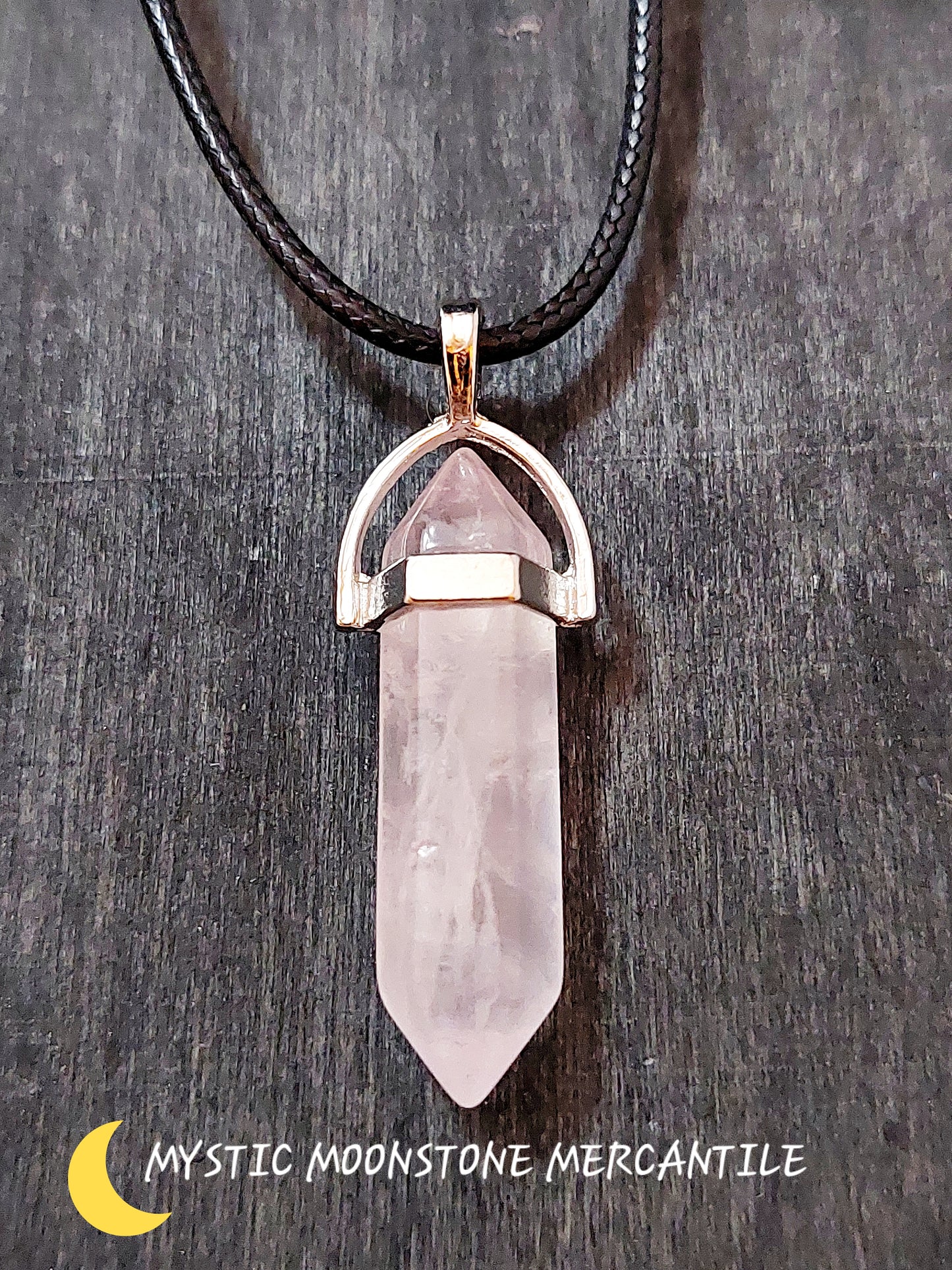 DOUBLE POINT ROSE QUARTZ PENDANT ON BLACK WAXED CORD