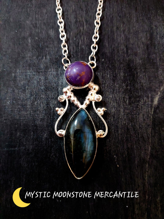 LABRADORITE AND PURPLE STONE IN 925 STERLING SILVER ON 21" CHAIN