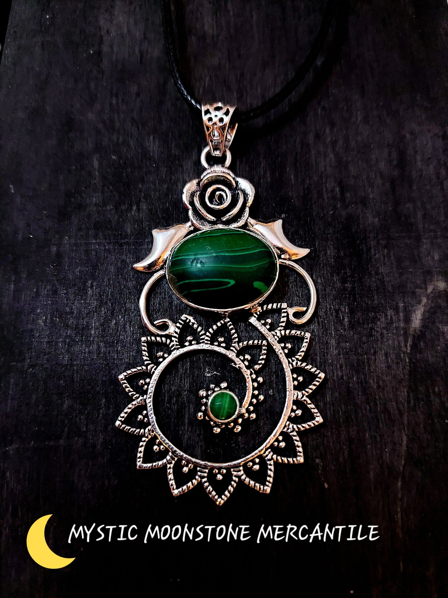 MALACHITE IN 925 STERLING SILVER PENDANT WITH BLACK WAXED CORD NECKLACE