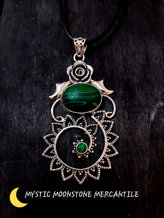 MALACHITE IN 925 STERLING SILVER PENDANT WITH BLACK WAXED CORD NECKLACE