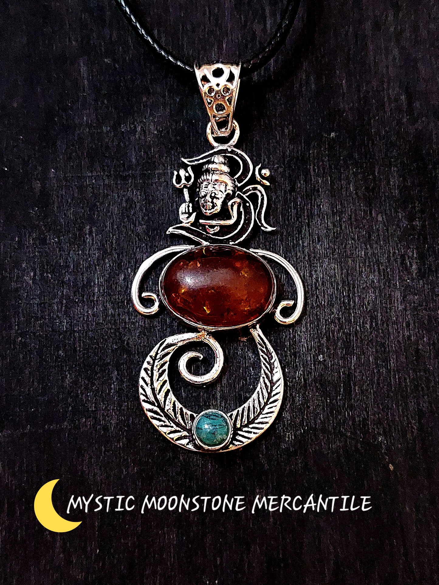 AMBER AND BLUE HOWLITE LORD SHIVA OM 🕉 IN 925 STERLING SILVER PENDANT WITH BLACK WAXED CORD NECKLACE