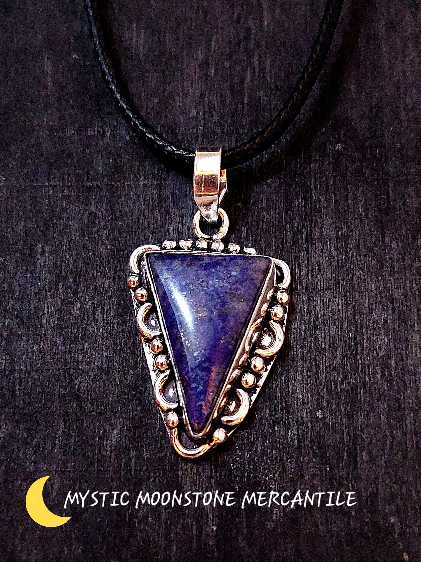 LAPIS LAZULI 925 STERLING SILVER PENDANT WITH BLACK WAXED CORD NECKLACE