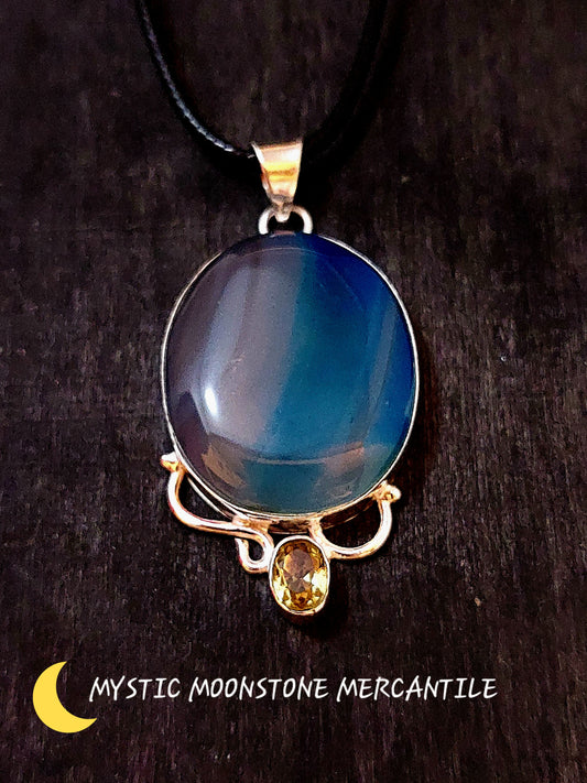 BLUE BANDED AGATE AND CITRINE IN 925 STERLING SILVER PENDANT WITH BLACK WAXED CORD NECKLACE