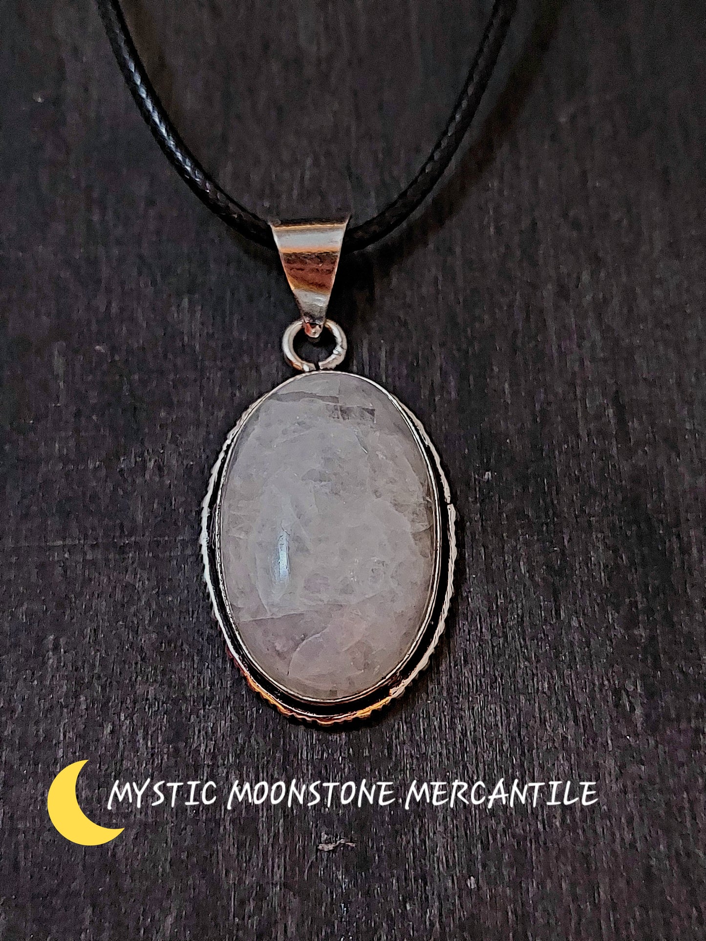 RAINBOW MOONSTONE 925 STERLING SILVER PENDANT WITH BLACK WAXED CORD NECKLACE