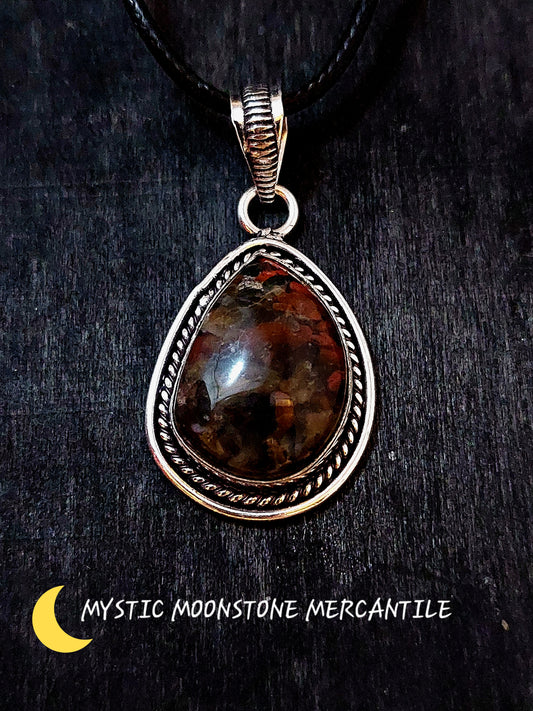 BLOOD STONE IN 925 STERLING SILVER PENDANT WITH BLACK WAXED CORD NECKLACE